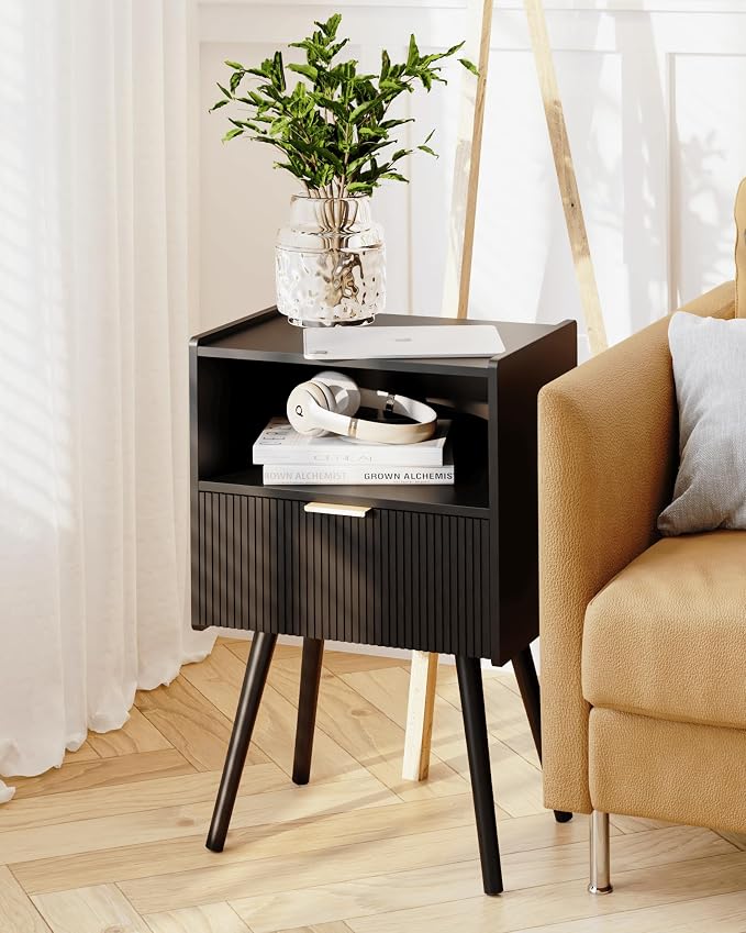 JOONEE Black Nightstand,Modern Bedside Table with Storage Drawer and Open Wood Shelf, for Living Room, Bedroom and Small Spaces, Accent Night Stand with Solid Wood Legs, Easy Assembly,Classic Black - Image 6