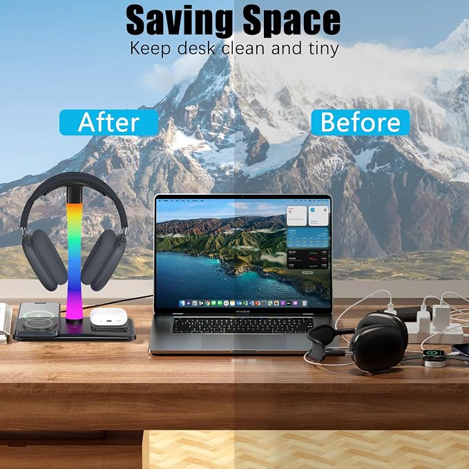 Headphone Stand with Wireless Charger,Gaming Headset stand with RGB Light Mode,For Airpod Max Stand Compatible with Airpod Pro/3/2,For iPhone 17/16/15/14/13/12/11,Gifts for Gamers & Music Lover(Black) - Image 7