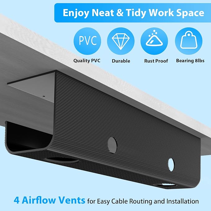 ZhiYo 2 Pack Large Capacity Cable Management Tray 31.5in (2xL15.7in), Thick PVC Under Desk Cable Tray Kit with 4 Cable Clips & 5 Ties, Standing Cord Management Desk Organizer for Office or Home, Black - Image 4