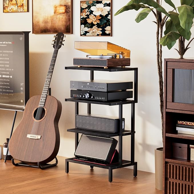 Aquzee Media Stand, Gaming Shelf, 4 Tier Small Electronics Shelves Video Game Console Organizer Cabinet, Wood Stereo Racks AV Shelves for Entertainment Center Storage, Recreation Room Furniture,Black - Image 5