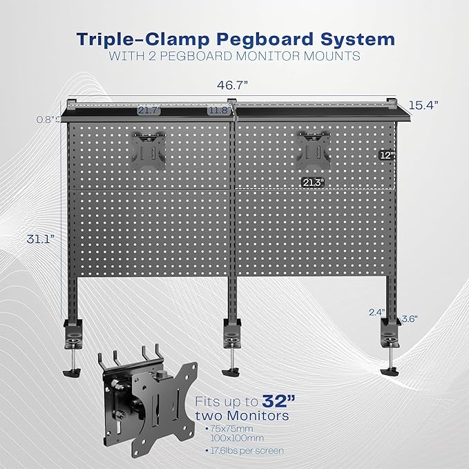 VIVO Steel Triple Clamp 47 x 31 inch Desk Pegboard System with 2 Monitor Mounts and Storage Shelf, Fits up to 32 inch Screens, Office Accessory Organizer, Black, PP-DK48SB - Image 3