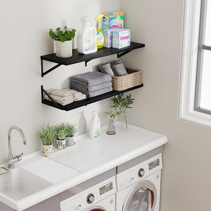 Axeman Floating Shelves for Wall Black- 36 Inch Wide x 12 Inch Deep Wall Shelves Set of 2 - Black Deep Wood Floating Shelves for Living Room Bedroom Laundry Room - Image 2