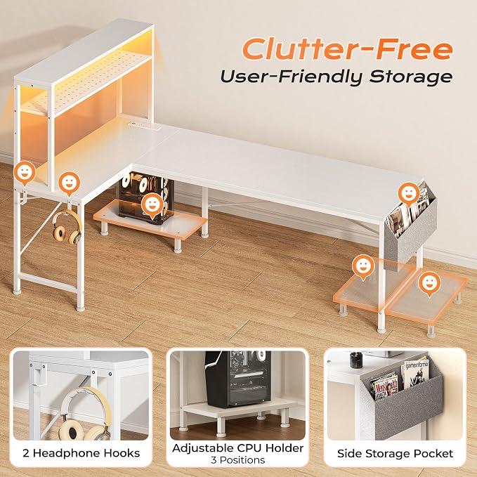 PRAISUN L Shaped Gaming Desk with LED Lights & Power Outlets | Reversible Computer Desk with Storage Shelves & Bag, Large Corner Home Office Desk with Pegboard for Work from Home, White - Image 9