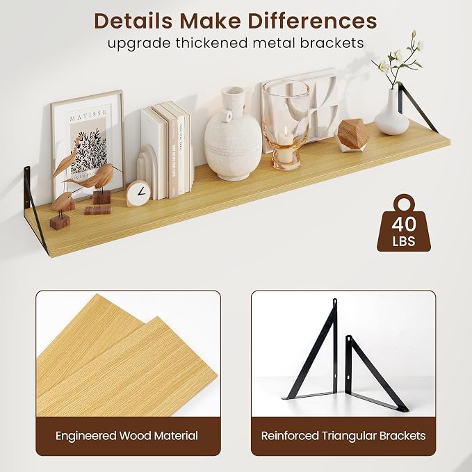 Axeman Deep Floating Shelves, 55'' x 10'' Oak Wall Shelves Set of 2 - Image 5