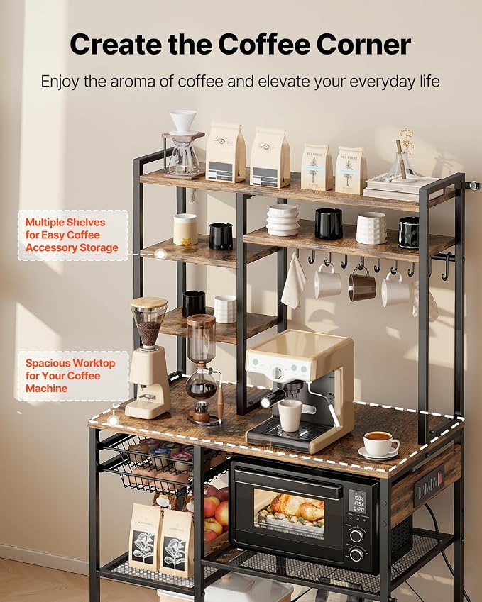 VEVOR Kitchen Bakers Rack with Power Outlets, 35.4x15.7x70.9 Inch Microwave Stand with Built-in Power Strip & 5 Ft Cord, 10 S-Shaped Hooks, for Dish Storage, Spice Jars, Coffee Bar Organization - Image 5