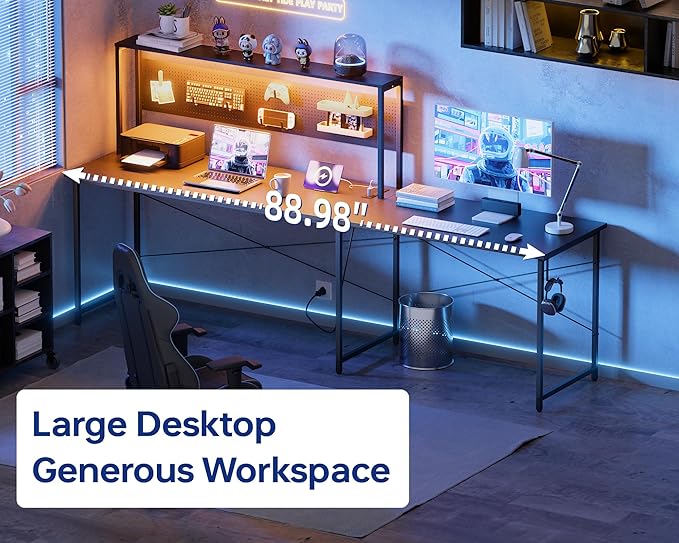 Pamray 60 Inch L Shaped Gaming Desk with Shelves and Storage | With Pegboard LED Lights Power Outlets, Reversible, Suitable for Home Office Bedroom Living Room Dorms Apartments - Image 4
