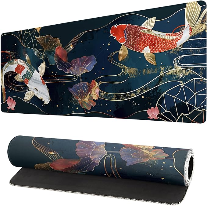 Gaming Mouse Pad Desk Pad,Extended Big Mouse Pad,31.5x11.8 Inch Long Computer Keyboard Mouse Mat Mousepad with 3mm Non-Slip Base and Stitched Edge for Gaming and Office… (koi) by Brecoy