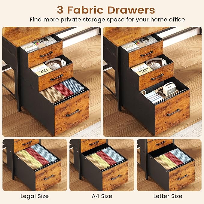 SEDETA L Shaped Computer Desk with Hutch, 3 Drawers, Shelves | Convertible 94.5" Home Office Desk with File Drawer, Power Outlet, LED Lights, Storage and Pegboard, Brown - Image 6