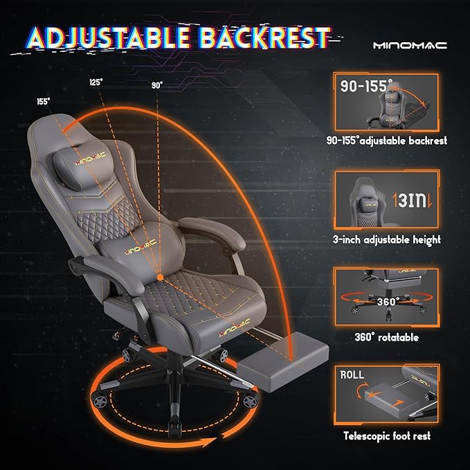 Gaming Chair,Big and Tall Gaming Chair 400lbs Office Chair with Footrest, 90-155° Recline & Removable Headrest Lumbar Support[Spring + 4D Sponge](Grey) - Image 6