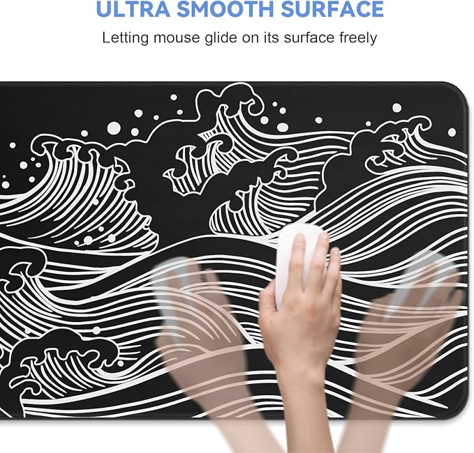 DIGSOM Gaming Mouse Pad Black and White Sea Wave Pattern, 31.5 x 11.8in | XL Mouse mat, Smooth surface, Anti-slip rubber base, For keyboard and mouse, For home and office use - Image 7