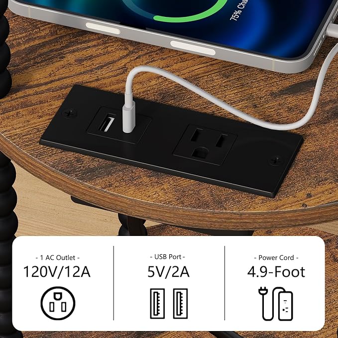 YINMIT 3-Tier Small Bedside Table,Round Side Table with AC Charging Station - Image 5