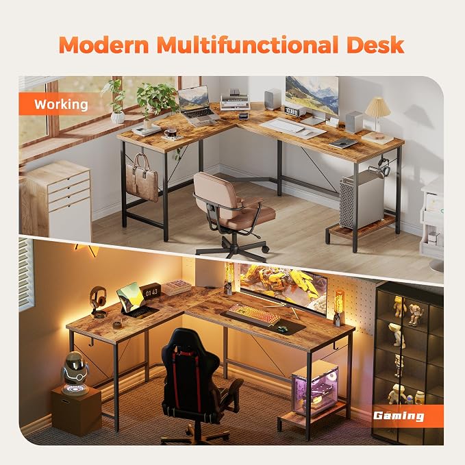 Mericonia 67 inch L Shaped Desk with CPU Stand, Large Corner Gaming Desk | Simple Computer Desk with 2 Hooks, Office Table for Home Bedroom Study Work Writing, Brown - Image 4