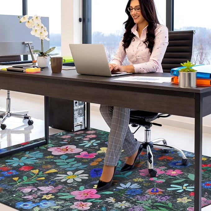 Office Chair Mat for Hardwood & Tile Floor,Boho Floral 36"x48" Office Computer Chair Mat for Rolling Chairs,Under Desk Non Slip Gaming Rug,Rubber Backing Large Low-Pile Carpet Protector Mat(Cyanblue) - Image 5