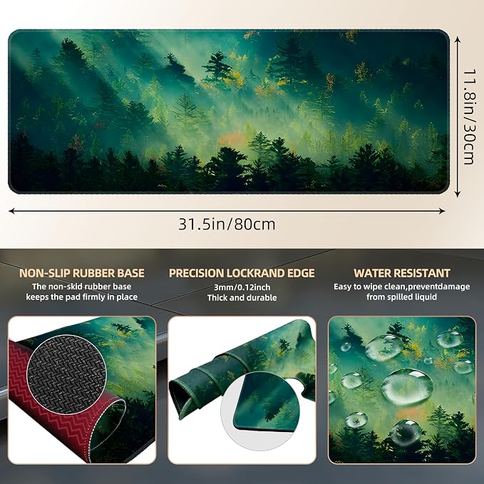 Galdas Mouse Pad,Office Desk Mat Large Gaming Keyboard Pad Durable Stitched Edges Washable Smooth Surface Control & Accuracy Extended Computer Mouse Mat (31.5X11.8In)-Green Forest… | Extended Computer Mouse Mat, 31.5X11.8In,Keyboard Pad,Durable Stitche... - Image 3