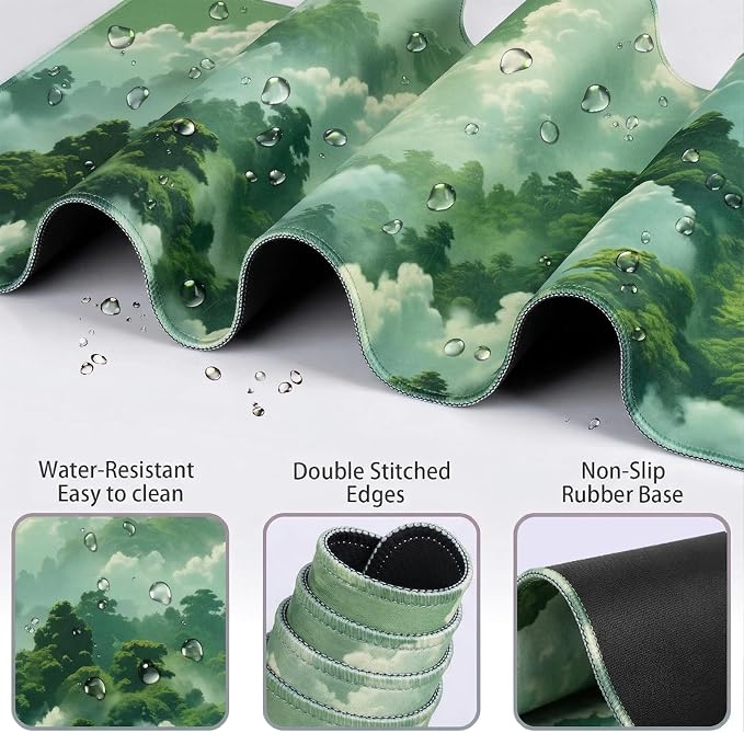 Green Cloud Mouse Pad and Keyboard Wrist Rest 4PCS Extended Forest Mountain Aesthetic Large Desk Mat Pad Set Memory Foam Non-Slip Cute Ergonomic Gaming Mouse Pad Wrist Support for Computer Home Office - Image 2