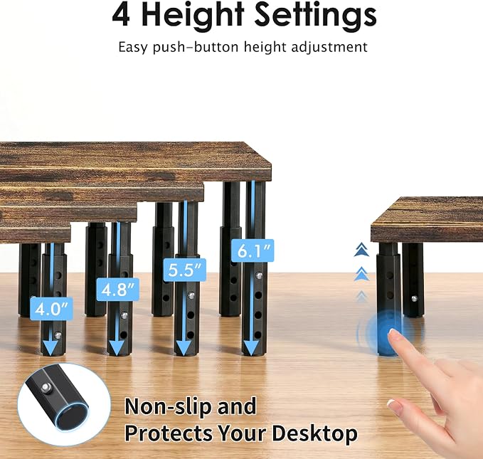 OPNICE Adjustable Monitor Stand Riser for Desk, Wood Computer & Laptop Stand, Desk Organizers and Accessories, Office Desk Accessories & Workspace Organizer for Home Office Supplies, Brown - Image 2