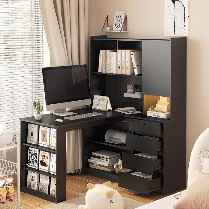 KEIKI L Shaped Home Office Desks with LED Light, Pegboard, Hutch, Drawers, Bookshelf & Storage Shelves, Modern Wooden Gaming Computer Corner Table for Work, Study, Writing - Image 5