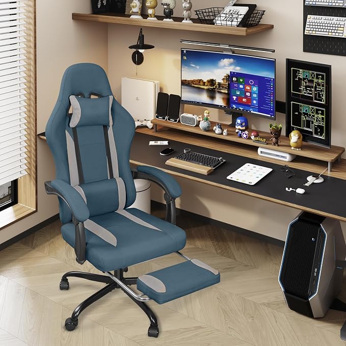 Breathable Fabric Gaming Chair with Footrest - Blue/Light Grey | 90°-135° Recline, 18.5”-22.4” Height Adjust, Breathable Fabric, Footrest for Rest, for Gaming/Office, 15 Min Assembly - Image 7
