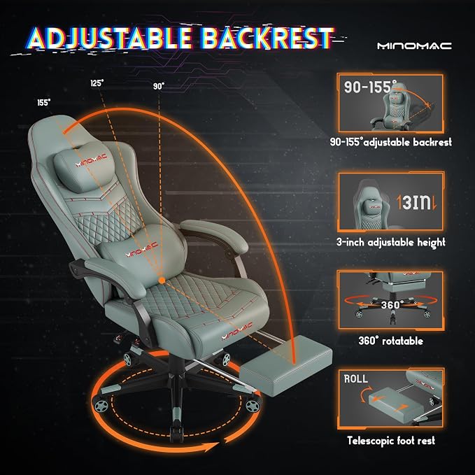 Gaming Chair,Ergonomic Computer Gaming Chair,400lb Load-Bearing,Retractable Footrest/Waist Support/Ergonomic Backrest[Spring + 4D Sponge] (Green) - Image 6