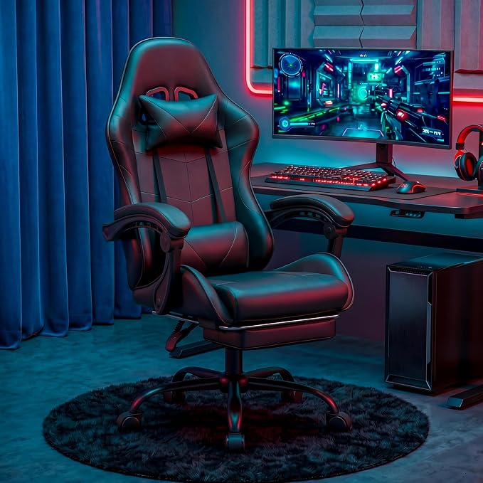 Gaming Chair, Ergonomic Footrest, Lumbar & Headrest(Black) | Steel frame, PVC leather & memory foam; 330 lb; 21" seat; 360° swivel, 90–155° recline; easy assembly; gaming & work - Image 9