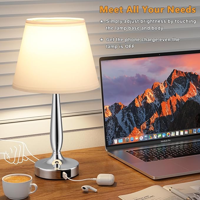 Kakanuo Touch Table Lamp for Bedroom, Small Bedside Lamp with USB C Charging Port, 3 Way Dimmable Touch Control Nightstand Lamp for Living Room and Office, White Shade and Silver Base - Image 5