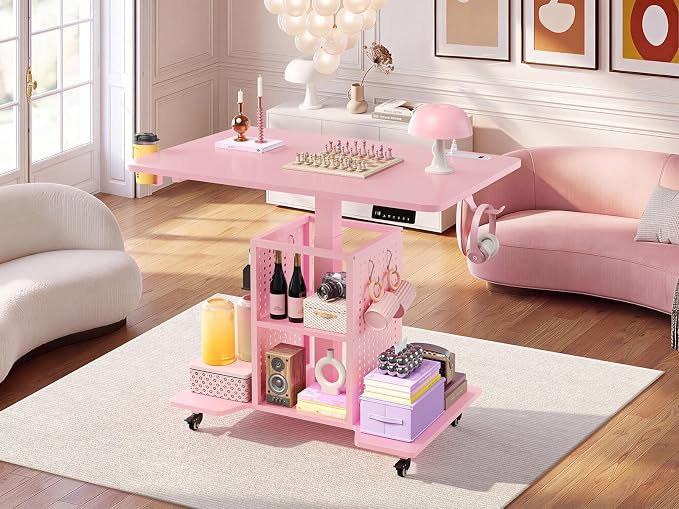 SEDETA Small Standing Gaming Desk, 31.5" Rolling Computer PC Desk Electric Height Adjustable with Power Outlet, Pegboard & Storage Shelves, LED Light, for Small Spaces/Bedroom/Gaming/Girl Room, Pink - Image 9