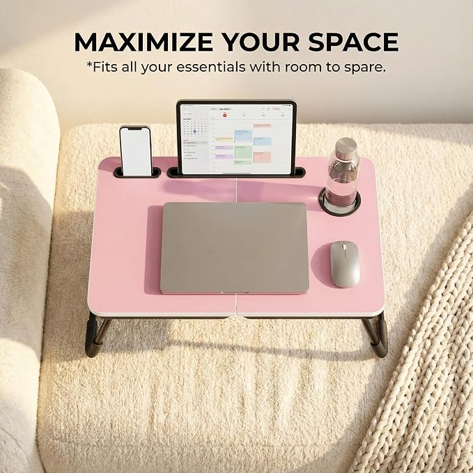 BUYIFY 23.4" Foldable Lap Desk Bed Table with Cup Holder Portable Tray - Image 3