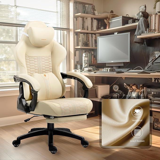 Dowinx Big & Tall Vintage Gaming Chair for Adults, 400 lb Capacity Heavy Duty Ergonomic Computer Chair with Massage Lumbar, Footrest & Easy Side Recline, Beige - Image 3