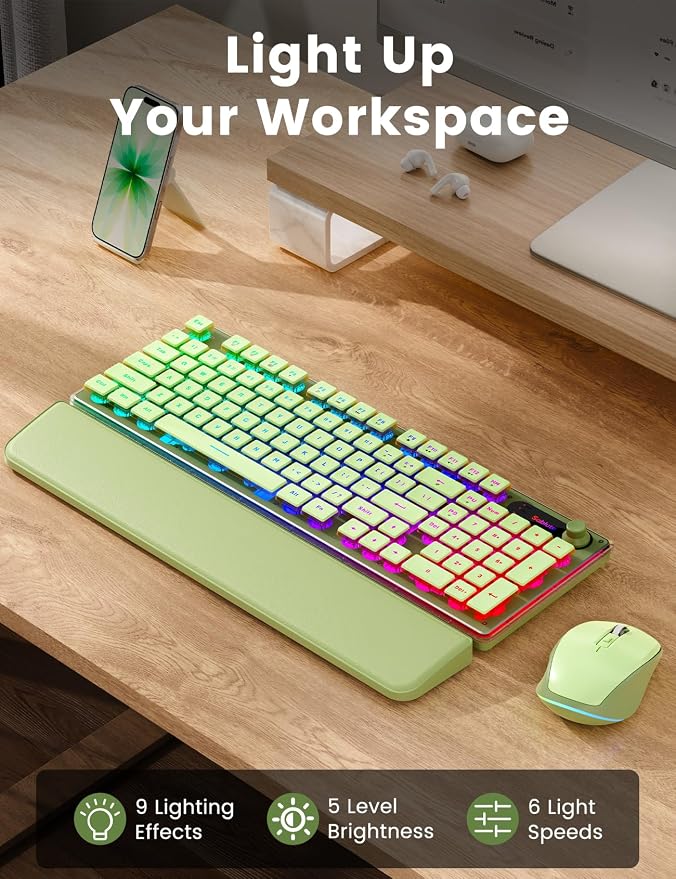 Wireless Keyboard and Mouse Combo - 9 Backlit Effects, Wrist Rest, Double-Shot Keycaps, Metal Panel, Long-Lasting Rechargeable, 2.4G Keyboard Mouse Set for Windows Mac PC Laptop – Sablute (Green) - Image 2