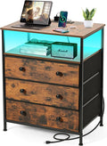 3-Drawer LED Nightstand with Charging Station, Rustic Brown by PATAVOT
