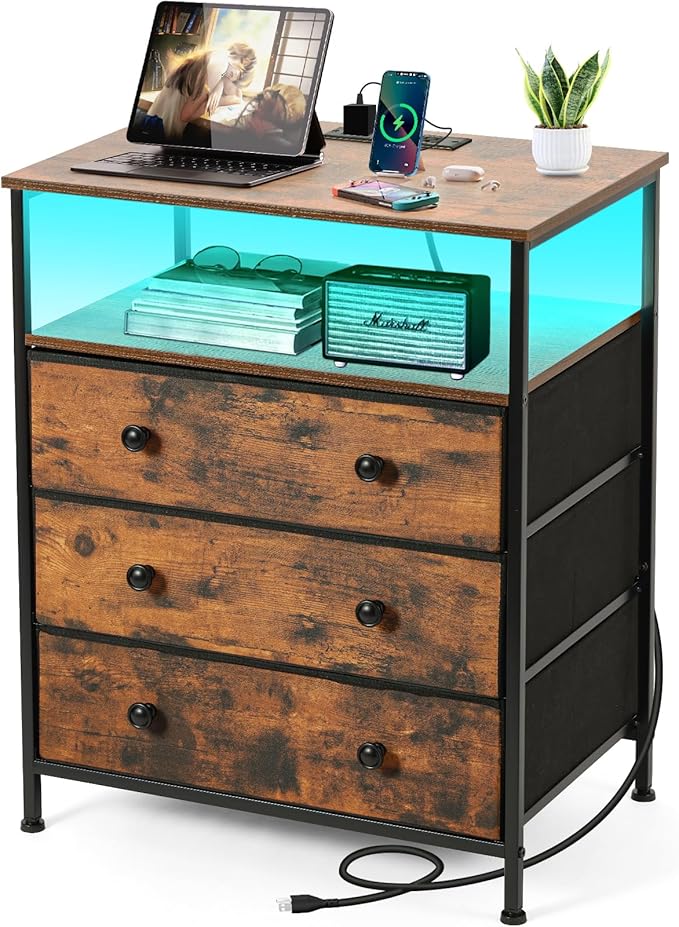 3-Drawer LED Nightstand with Charging Station, Rustic Brown by PATAVOT