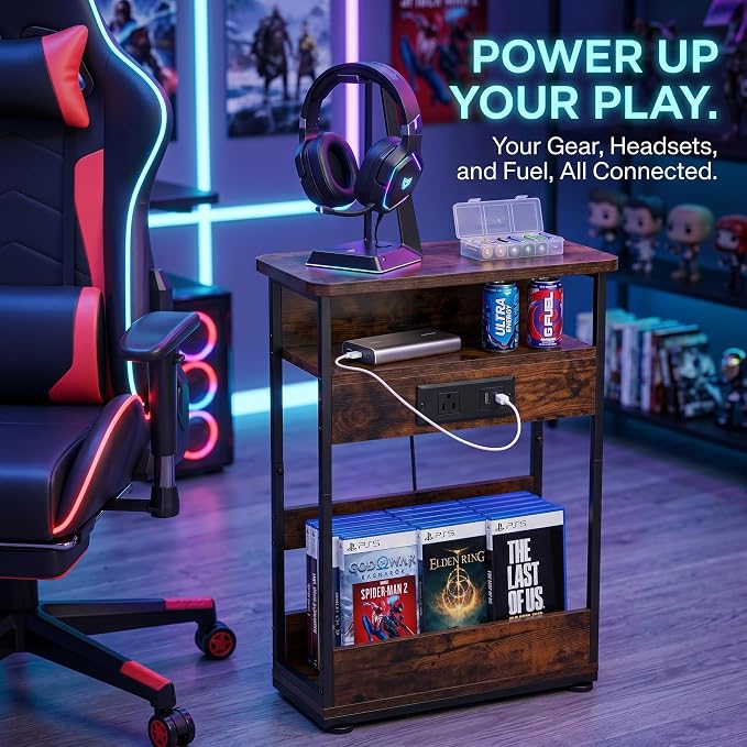 Narrow Side Table With Charging Station, 3-Tier End Table with 2 USB Ports & Power Outlets,Thin Sofa Side Table for Narrow and Small Spaces, Bedside Table Nightstand for Living Room,Rustic Brown - Image 7