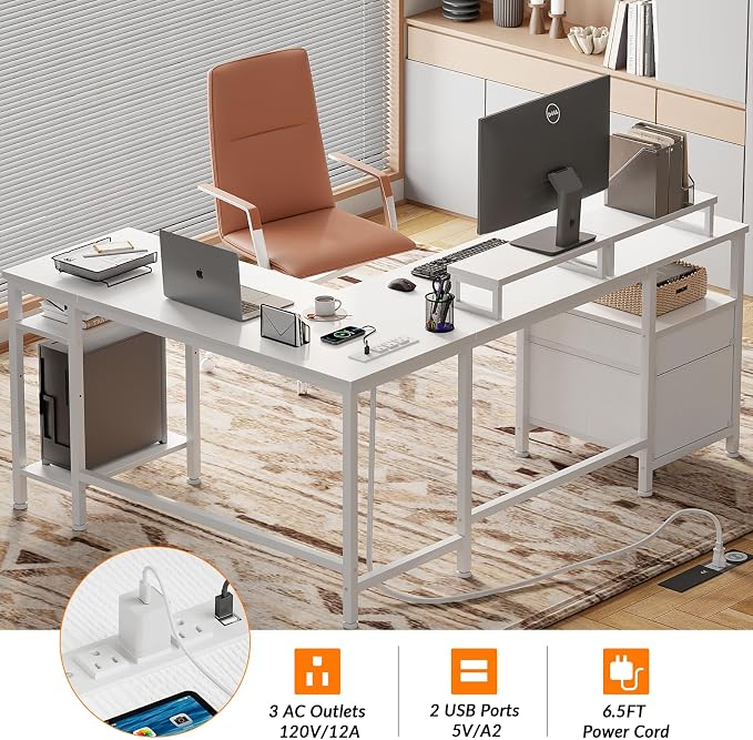 Furologee White 59” L Shaped Desk with Power Outlet, Reversible Computer Desk with File Drawer & 2 Monitor Stands, Corner Home Office Table with Storage Shelves for Gaming Writing - Image 6