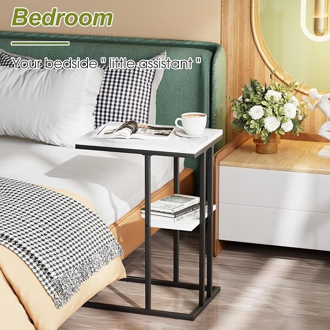 C Shaped End Side Table, Couch Sofa Table for Small Space, Black Snack Table with Metal Frame, TV Tray Table for Bed, Living Room, Bedroom, Bedside(White Marble) - Image 7