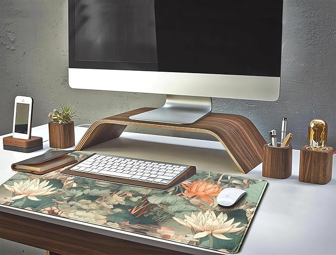 Light Emerald and Orange Floral Desk Mat, XXL Large Extended Mouse Pad Gaming Desk Pad, Aesthetic Asian Lotus Flower Big Laptop Keyboard and Mouse Mat for Women Desktop Office Decor 31.5x15.7 in - Image 6