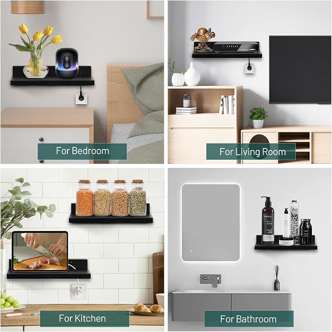 Small Floating Shelf for Wall,9X5 Inch Wall Mounted Shelf with Cord Hole,Small Display Shelves for Cameras, Webcam, Router,Smart Speaker,Action Figures-2 Pcs(Black - Image 6