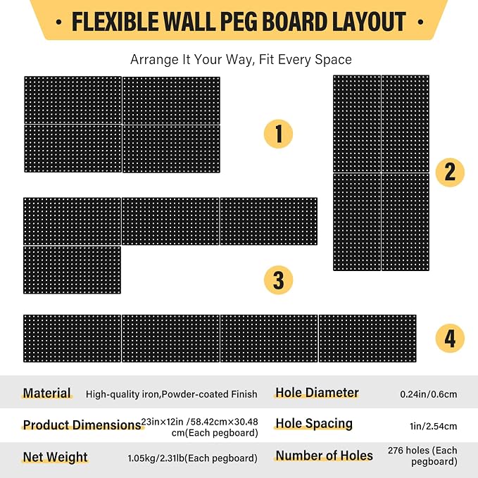 DEWEL 4 Pack Black Metal Pegboard, 23x12 Inch Wall Organizer Kit with Hooks - Image 6