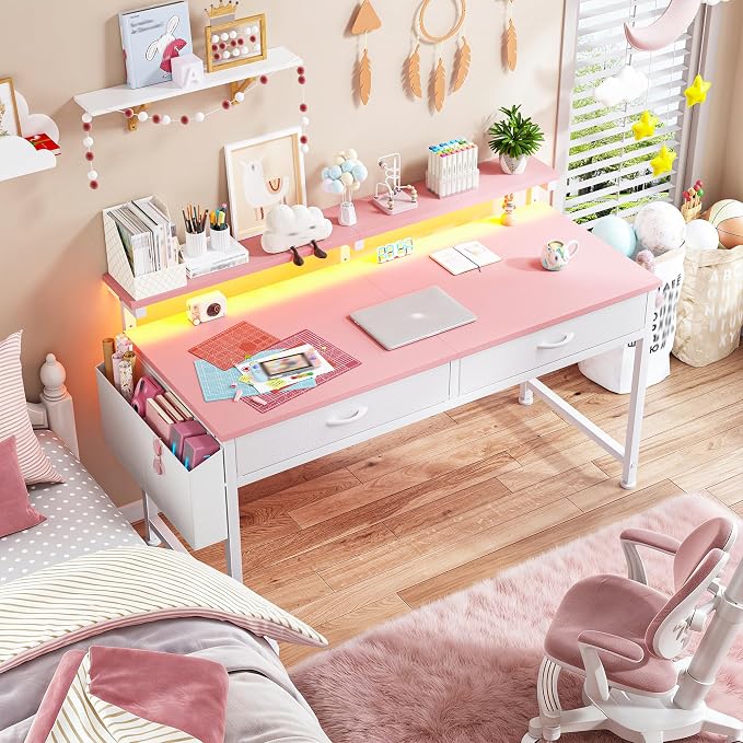 DurayLoly 47.3” Office Computer Desk with LED Lights&2 Fabric Drawers,Pink - Image 8