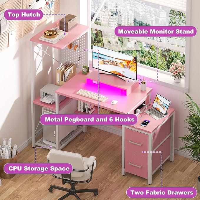 Small Gaming Desk with 2 Fabric Drawers - Reversible Computer Desk with Power Outlet & LED Lights, 49" Office Desk with Monitor Stand & Storage Shelves, Writing Study Table with Pegboard, Pink - Image 4