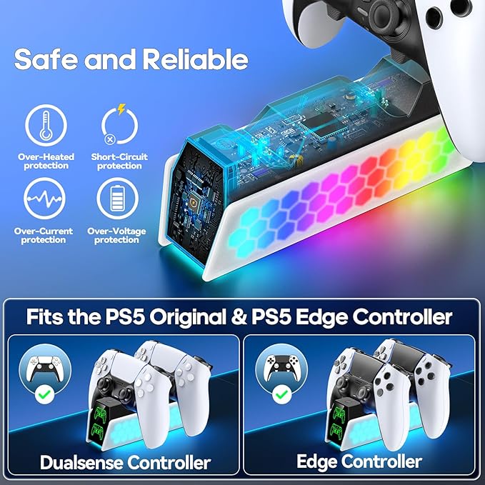PS5 Controller Charger Station Compatible with DualSense & Edge Controllers, PS5 Charging Station Docking with RGB Light & LED Indicator for PS4 Controller Charger - Image 5