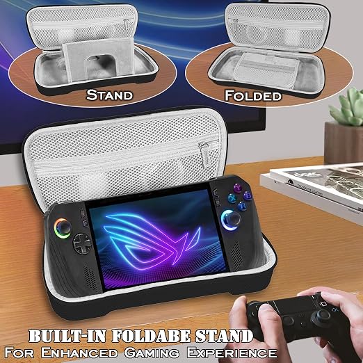 ADVcer Rog Ally X Handheld Case, EVA Waterproof Hard Shell Protective Travel Case with Inner Collapsible Game Console Stand, Velvet Soft Lining, Double Zippers, Carrying Handle for Rog Ally X (Black) - Image 3