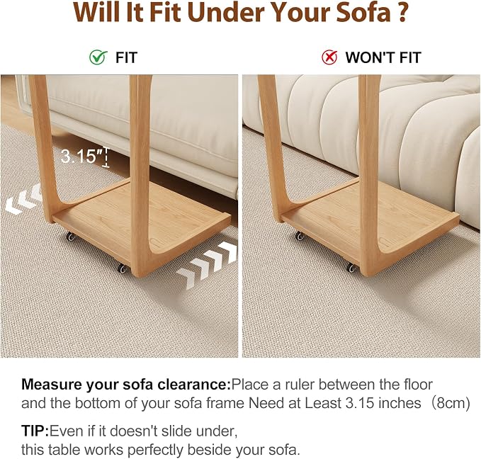 AQIMUELE Wooden C-Shaped End Table,Couch Table with Adjustable Desktop,Small Rolling Side Table with 2 Lockable Wheels,Small End Table for Couch, Living Room,Bedroom (Natural) - Image 5