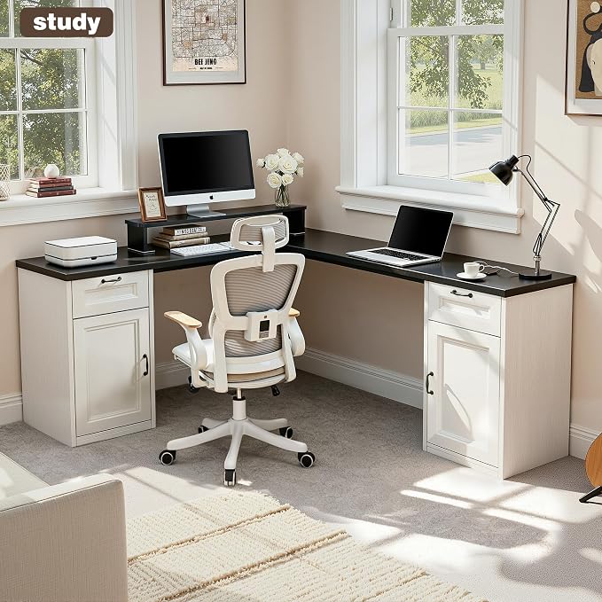 HUAHUU 78" Farmhouse L Shaped Executive Desk with Drawers, Modern Computer Desk with Power Outlets, Office Writing Desk with Monitor Stand & Storage Cabinet, Printer Shelf, Antique White - Image 8