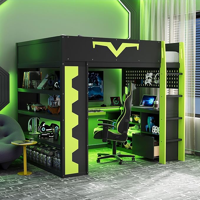 Merax Full Size Gaming Loft Bed with Desk and RGB LED Lights, Pro-Gamer Bed with Power Outlet, Large Bookshelf, Pegboard, Keyboard Tray & Drawer, Green by Merax