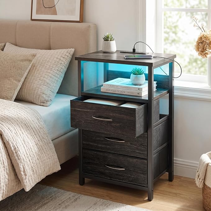 Fixwal Night Stand with 3 Fabric Drawers, Nightstand with Charging Station - Image 2