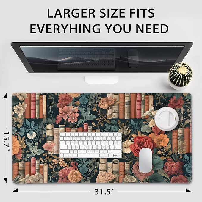 Vintage Library Floral Gaming Mouse Pad Desk Mat 31.5"x15.7" | Extended Mousepad, Non-Slip Rubber Base , Stitched Edges, for Computer/Laptop/Office/Home - Image 4