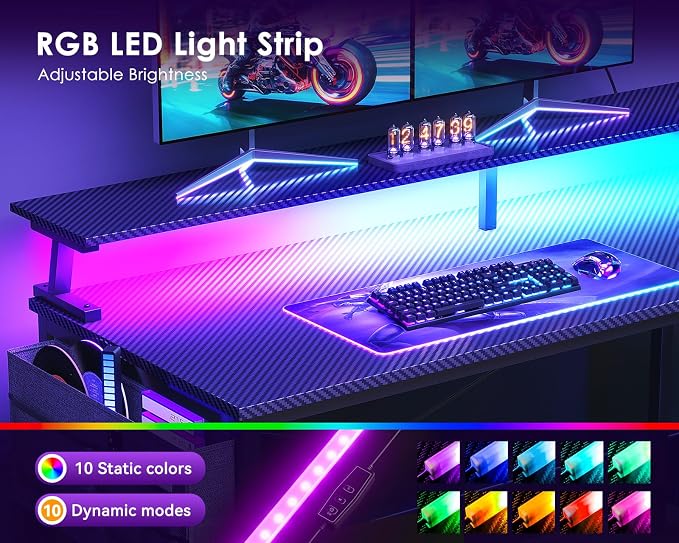 ODK 66 Inch L Shaped Gaming Desk with LED Lights, Power Outlets, Black - Image 5