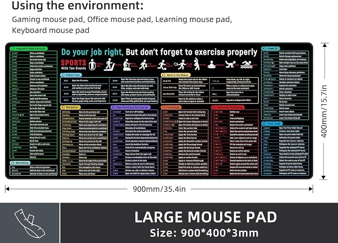 Rinaze Large Mouse Pad With Excel Shortcuts Cheat Sheet, Excel Tips Desk Mat, XXL Gaming Mousepad Keyboard Pad, Office Accessories for Computer, Mac, PC and Laptop - Image 5