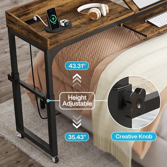 Tribesigns Height Adjustable Overbed Table with Wheels, Queen Size Over Bed Desk with Adjustable Tilt Stand, Mobile Laptop Cart Computer Desk with Outlets & USB Ports (Rustic Brown) - Image 3