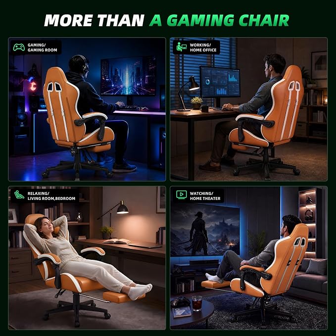 Gaming Chair Ergonomic Gamer Computer Office Chair,Footrest Lumbar Support | Reclining High Back, 400lbs Load, Pocket Spring Cushion, Adjustable Height, Linkage Armrests, 360° Swivel, Orange PU Leather - Image 9